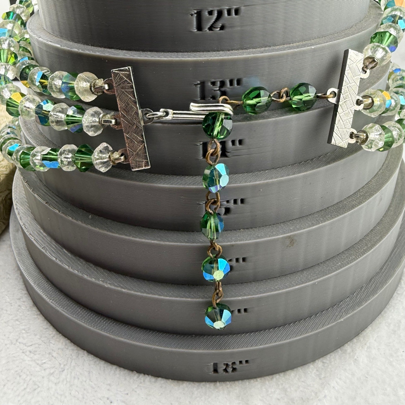 Vintage Lady Alice Jewelry Set Green AB Crystal 3-Strand Necklace Earrings Box