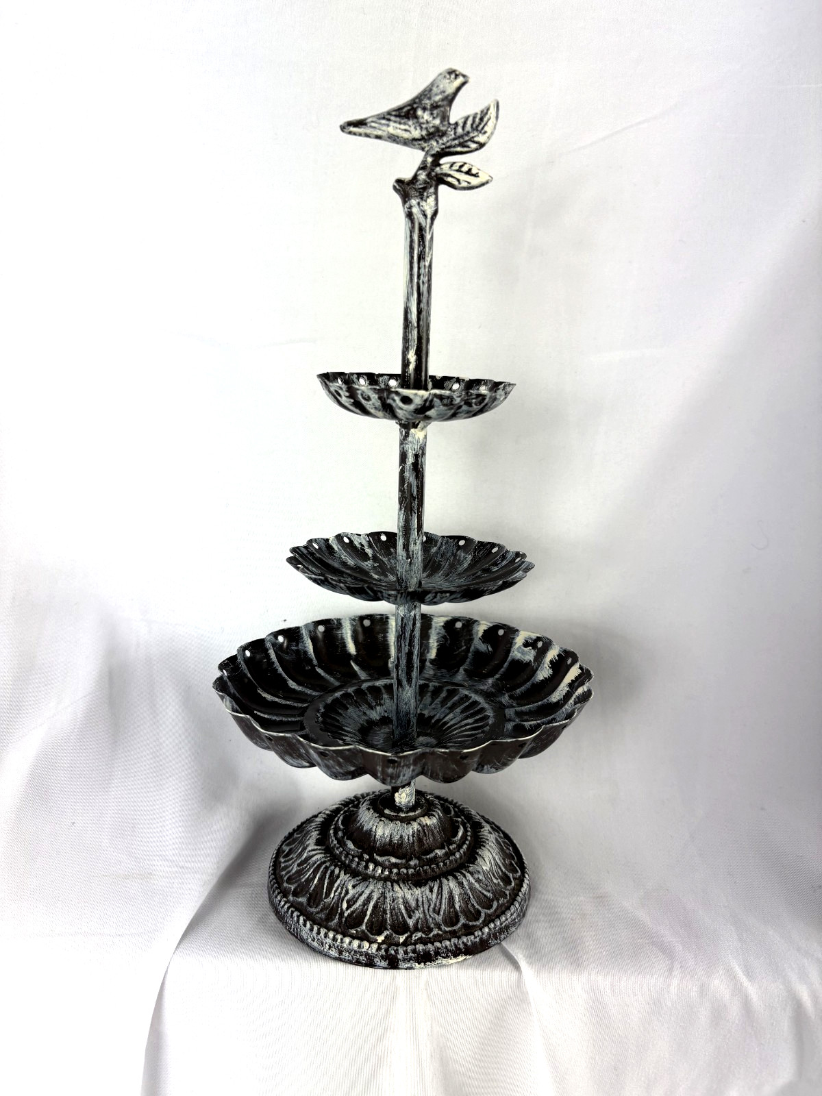 Metal Jewelry Stand 12” tall 3-Tiered Bird Scalloped Earring Holes