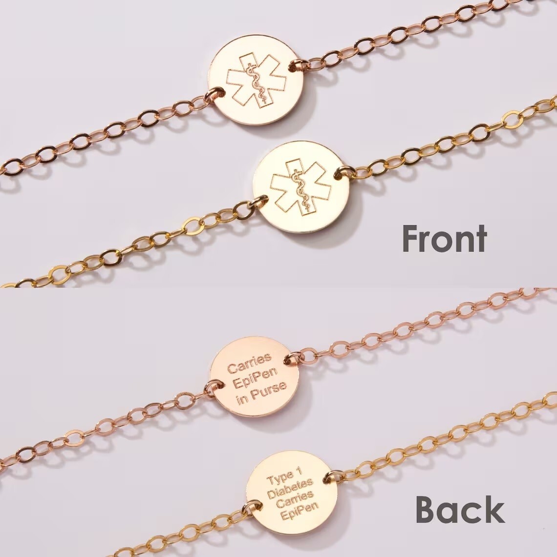 Custom Adjustable Medical Alert ID Bracelet Unisex 14k Yellow Gold Plated