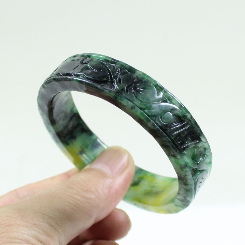 61mm Real Natural Ice Multicolor Burmese Jade jadeite Carving Bracelet Bangle