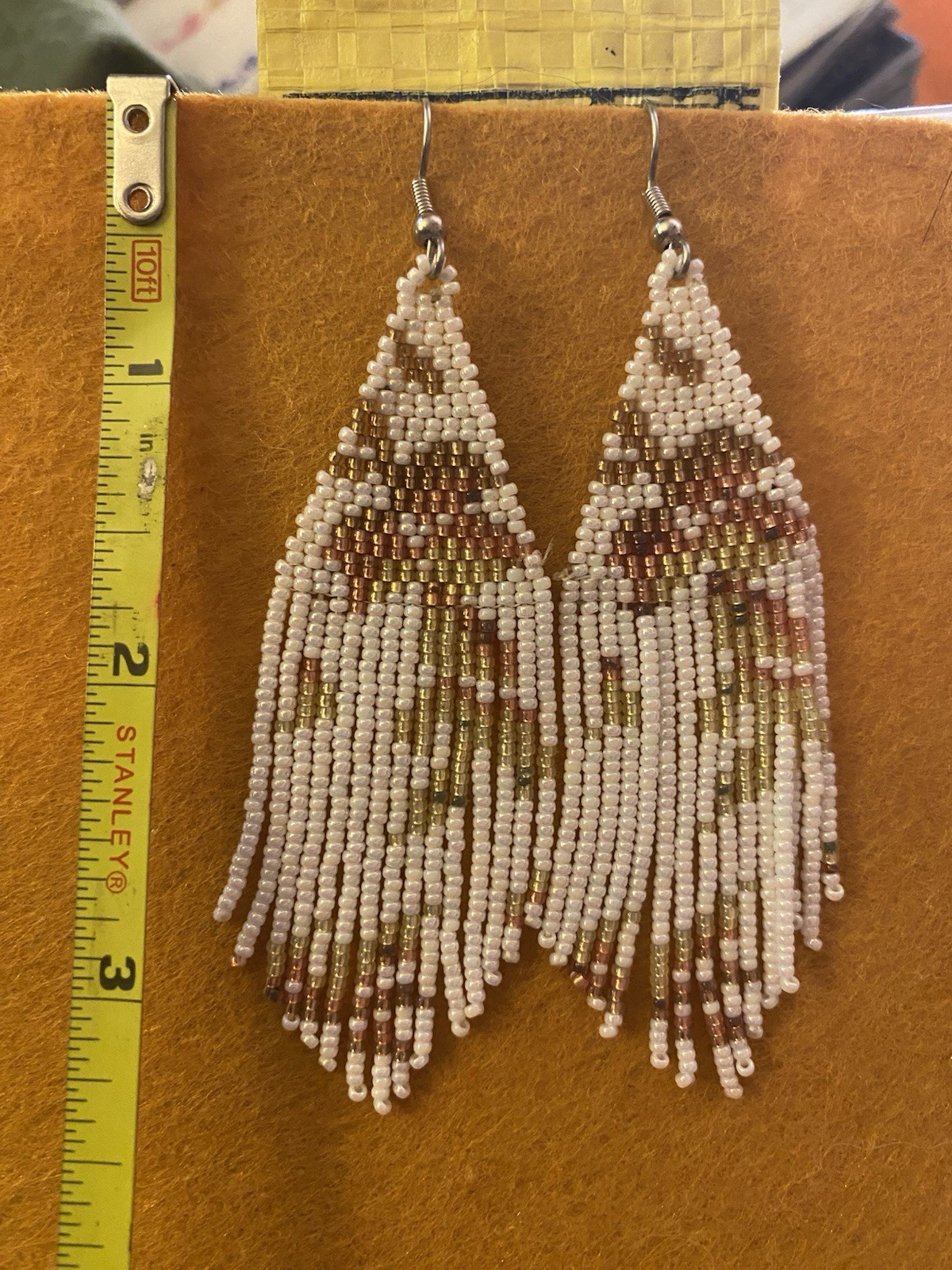 Beaded Earrings Handmade In Alaska White And Gold Dangly Beautiful Statement