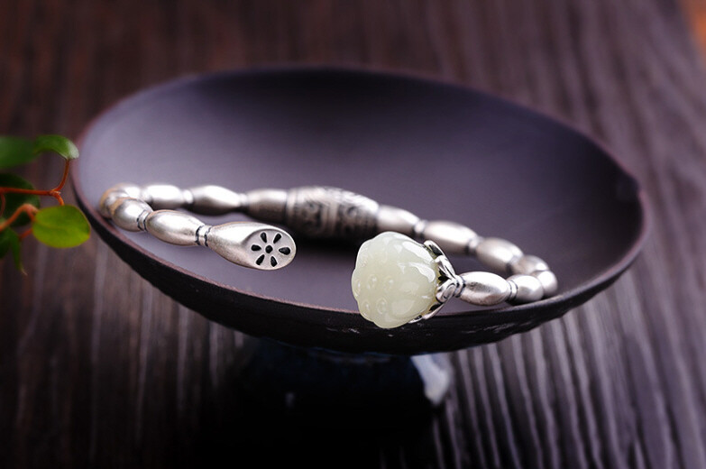 I03 Silver 925 Rice Grain Effect Lotus Flower White Jade Bangle Bracelet