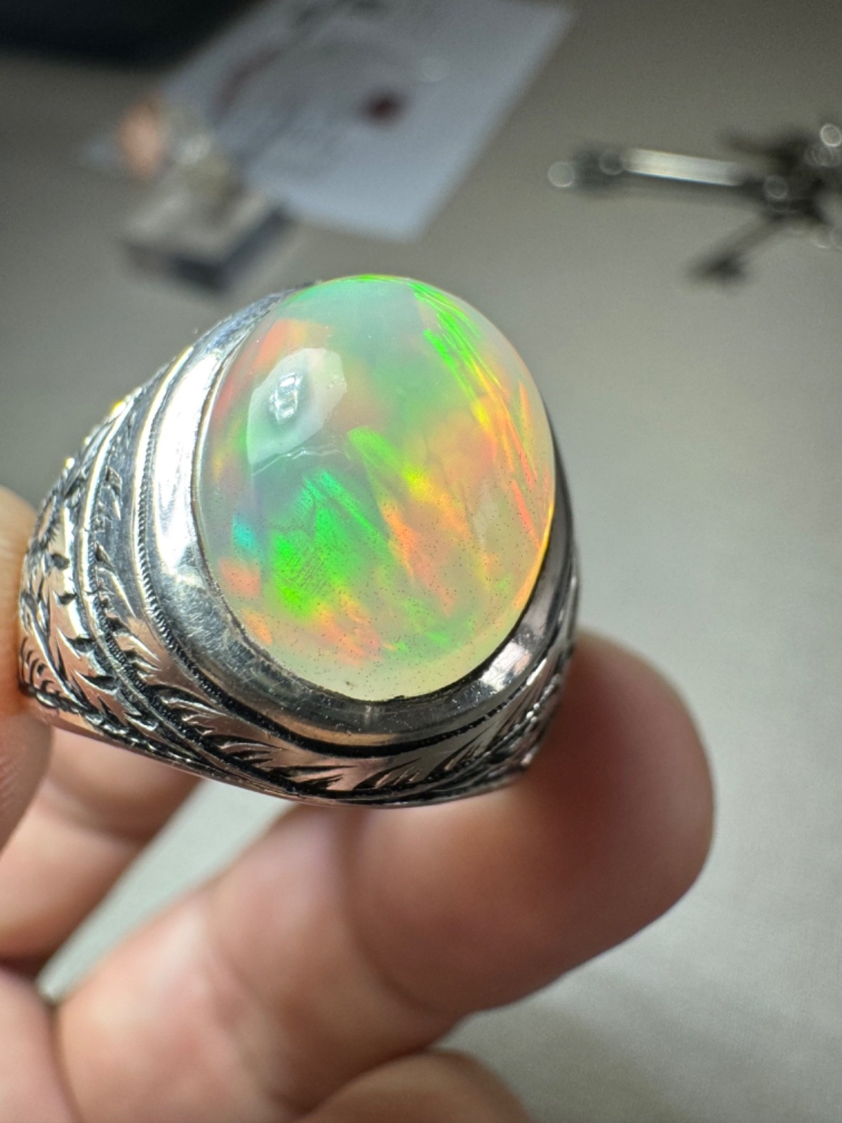 6.90 carats Natural Ethiopian White Opal Handmade Size 11.5 Silver Ring for Male