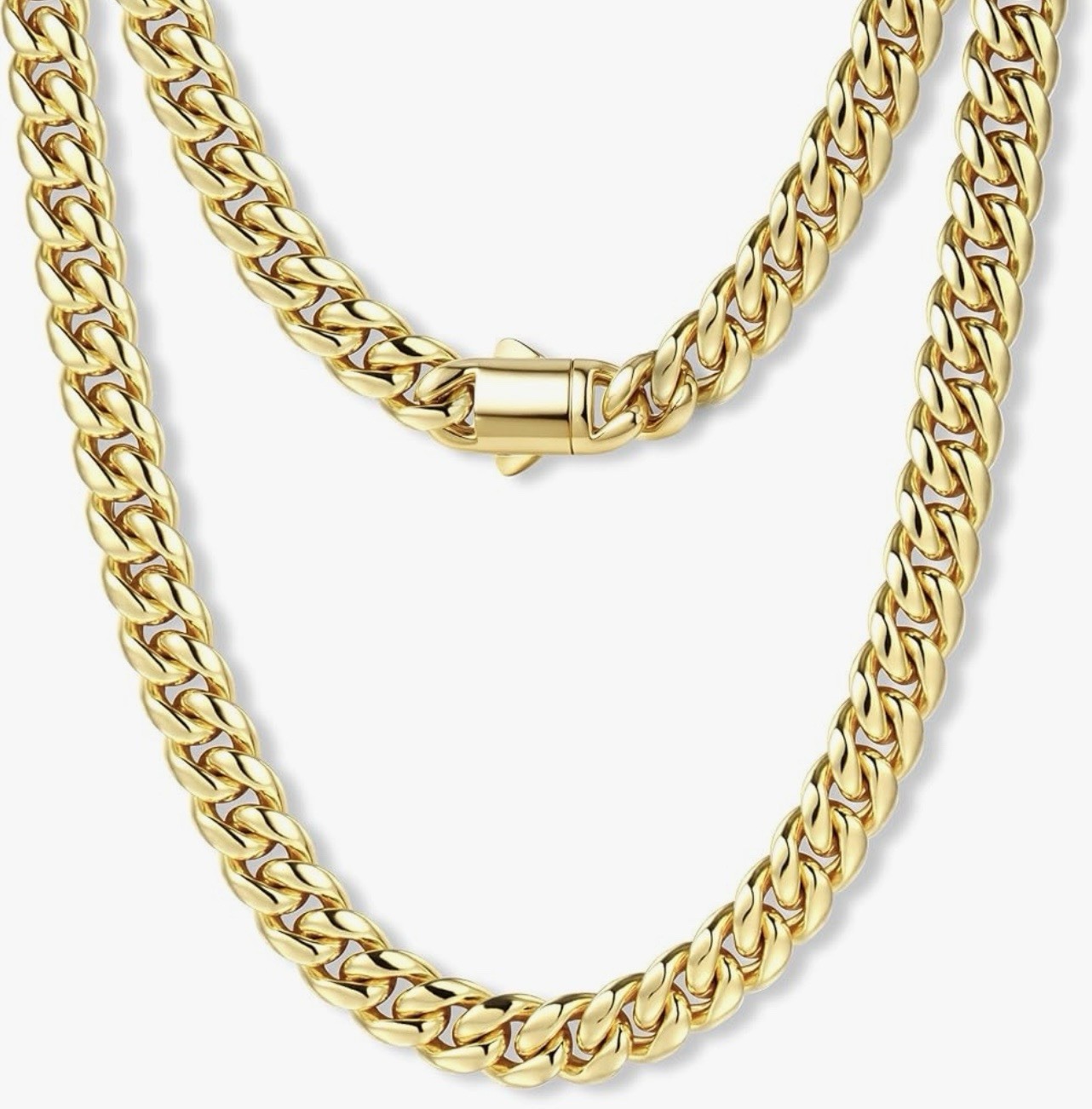 24K Gold Cuban Link Chain Necklace with Secure Box Clasp Closure 22” Length