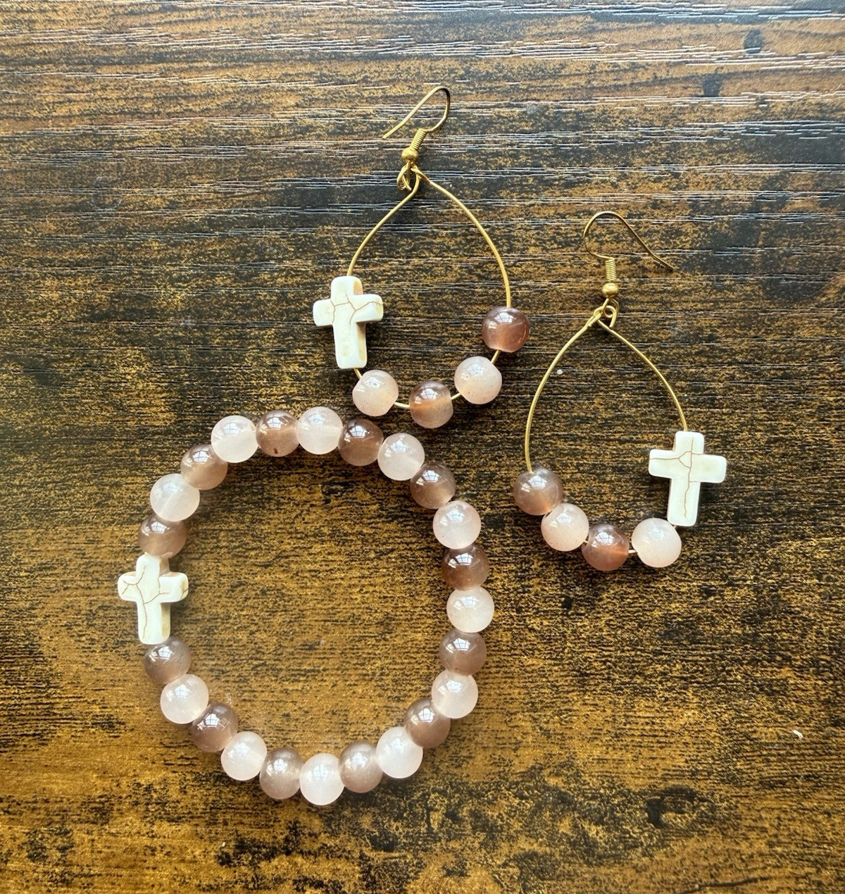 Gold Tone Pink Round Beaded Hoop Dangle Cross Earrings Hook Closure Women