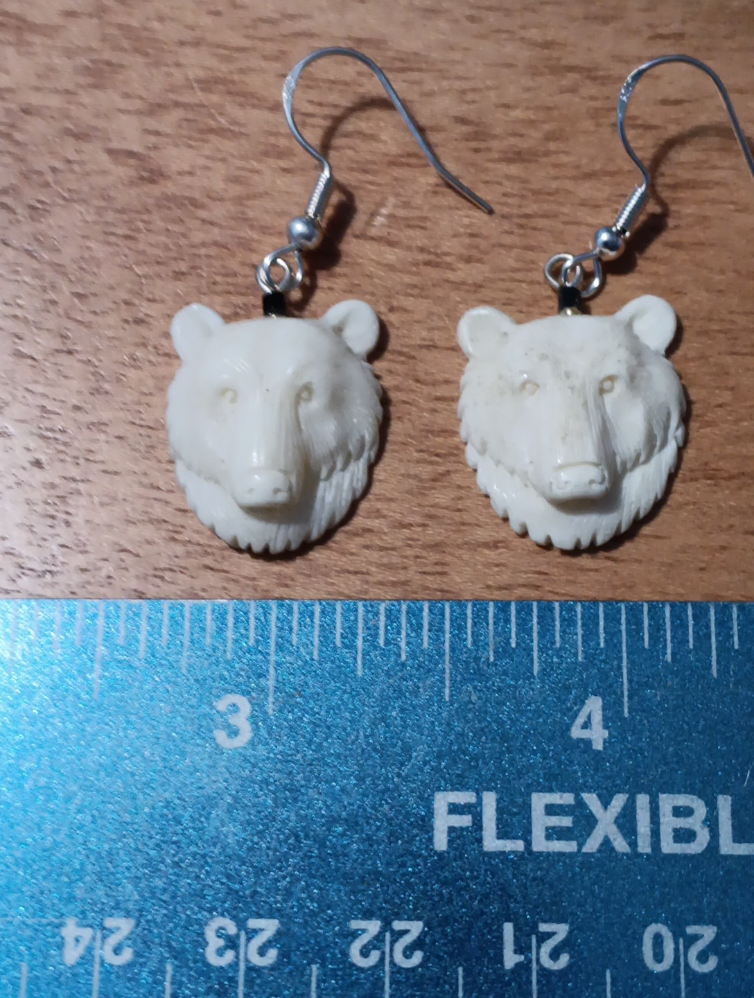 HANDMADE CARVED WATER BUFFALO BONE BEAR HEAD EARRINGS ALASKA BONEYARD COLLECTION