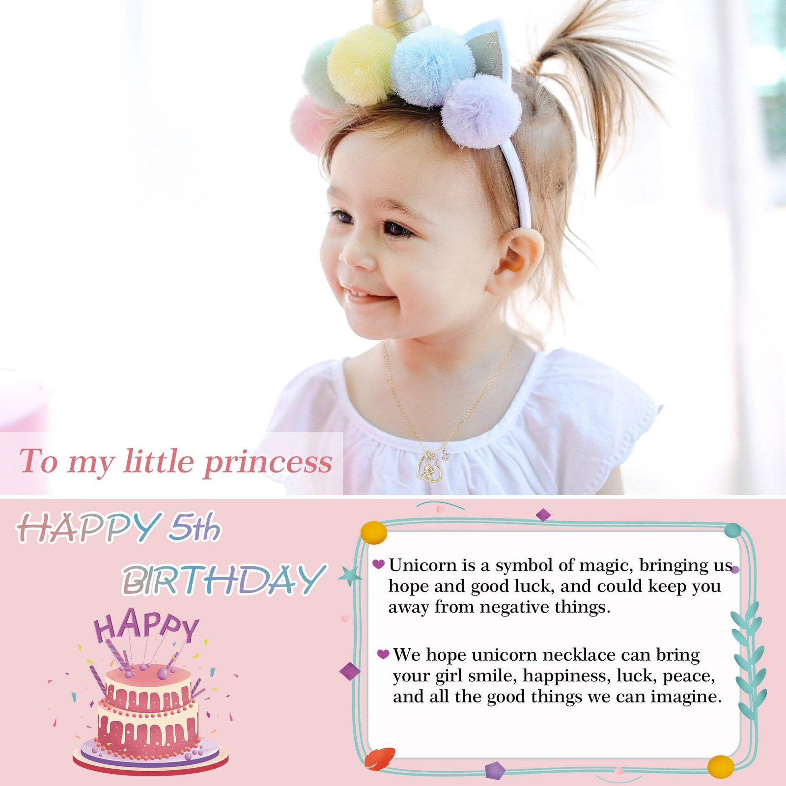 Turandoss Gold Heart Zircon Unicorn Necklace for Kids 3-8 Year Old, 18+2.5In