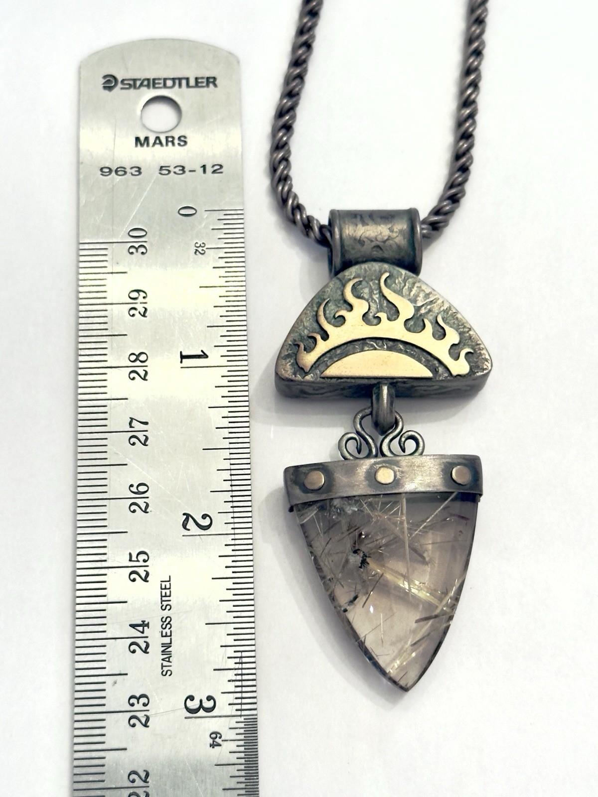 Rutilated Quartz Pendant W 22″ Necklace – 925 Silver & 10K Gold – 2.0 oz