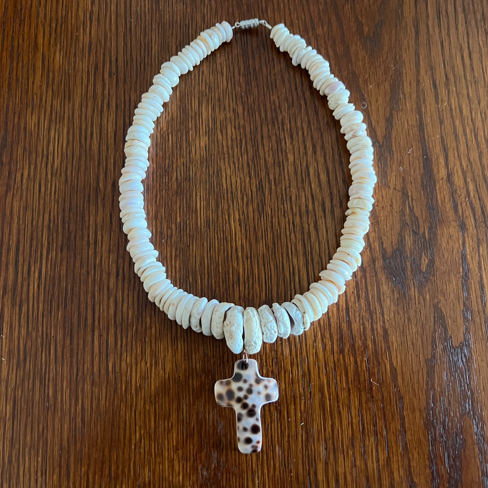 Puka Shell Necklace Vintage 70s w/Hand-Shaped Tiger Cowrie Shell Cross Pendant