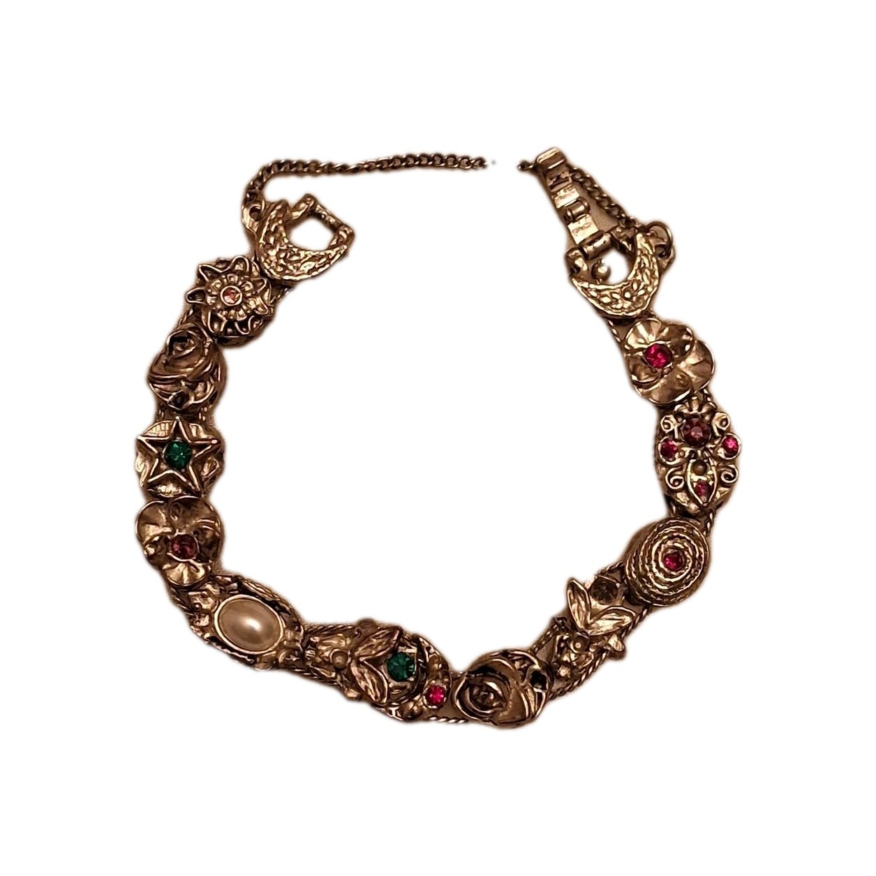 Vintage Silver Slide Bejeweled Charm Bracelet With Safety Chain