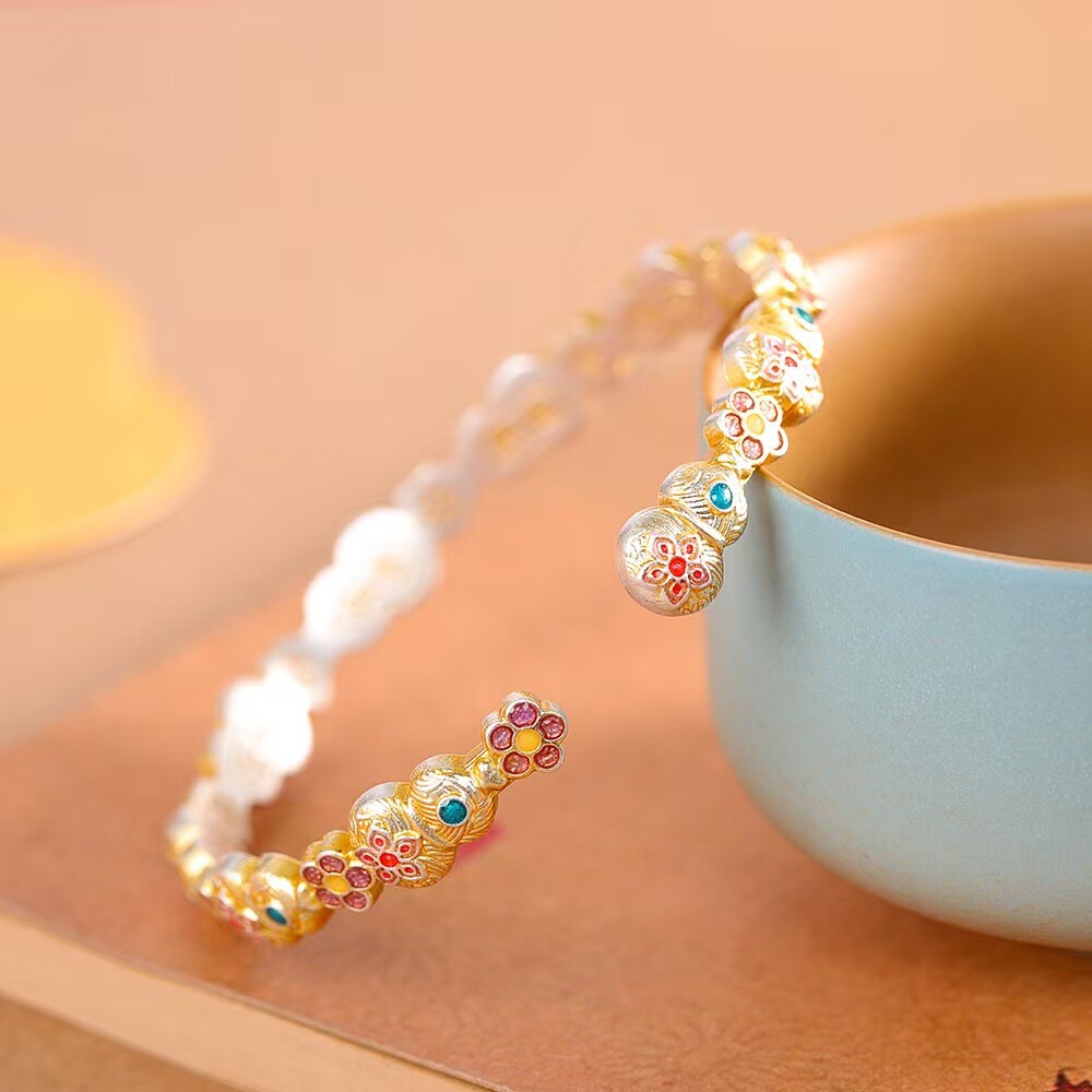 Pure S999 Fine Silver Bracelet Lucky Gourd Flower Open Bangle 26-27g Dia:58mm