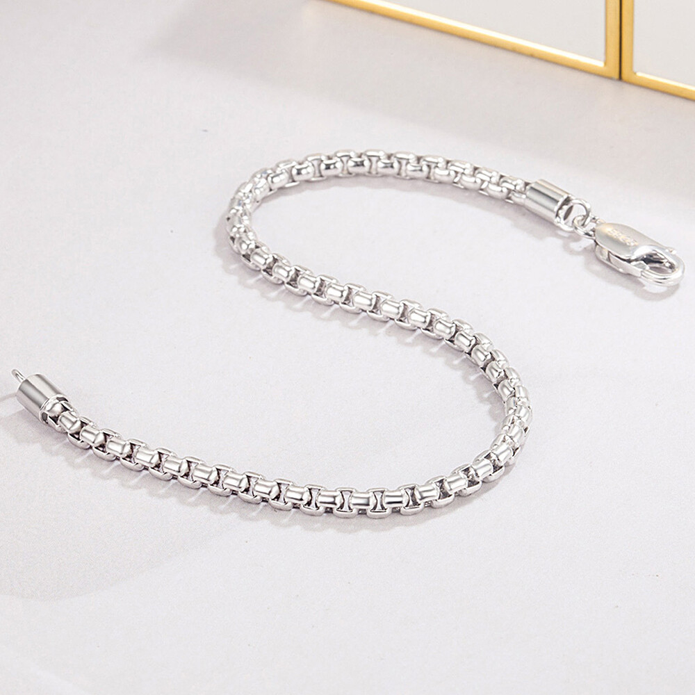 Solid 925 Sterling Silver Lobster Clasp Round Box Chain Bracelet for Women Men