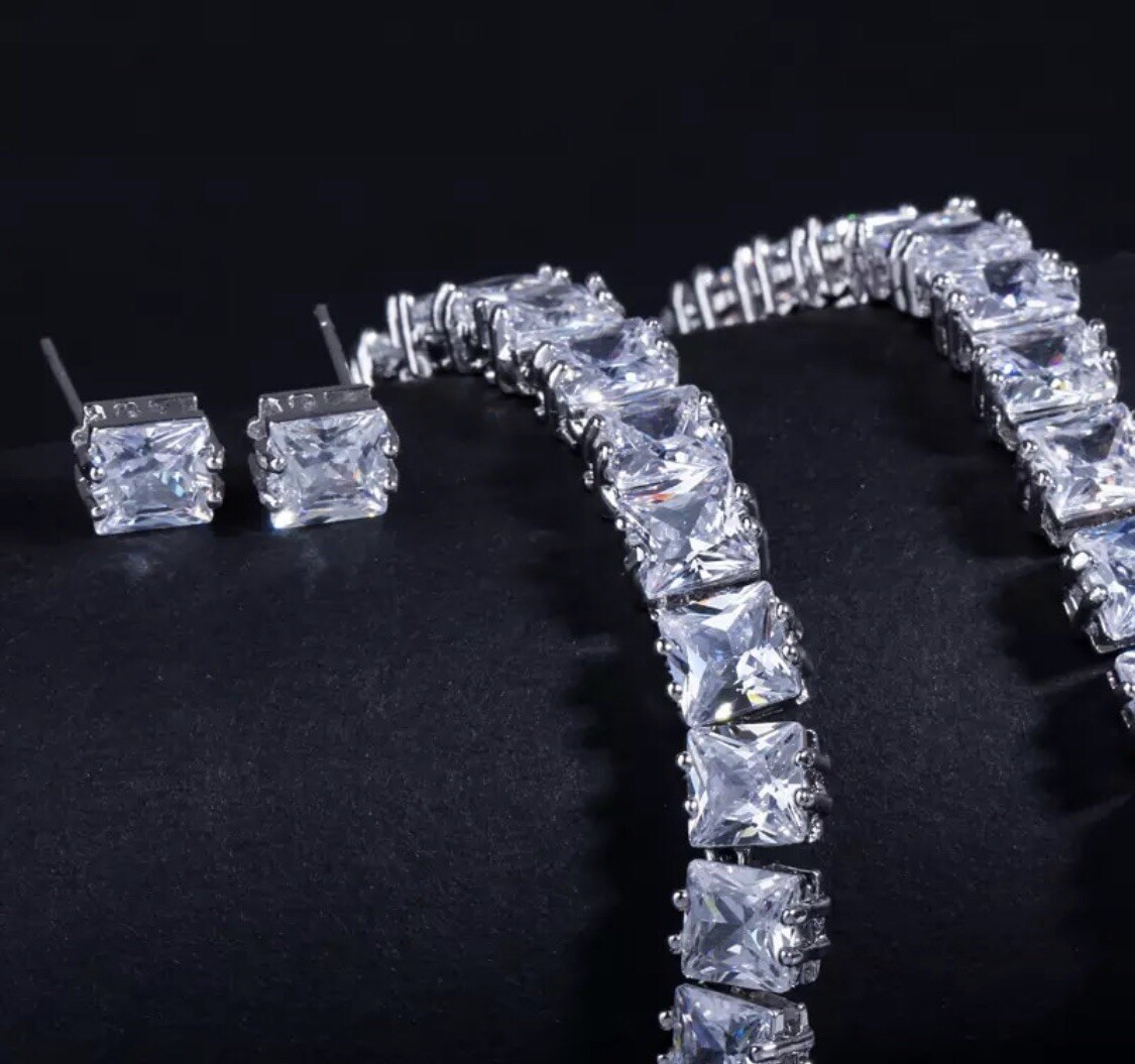 18k White Gold Plated Square Tennis Necklace Earrings made w Swarovski Crystal