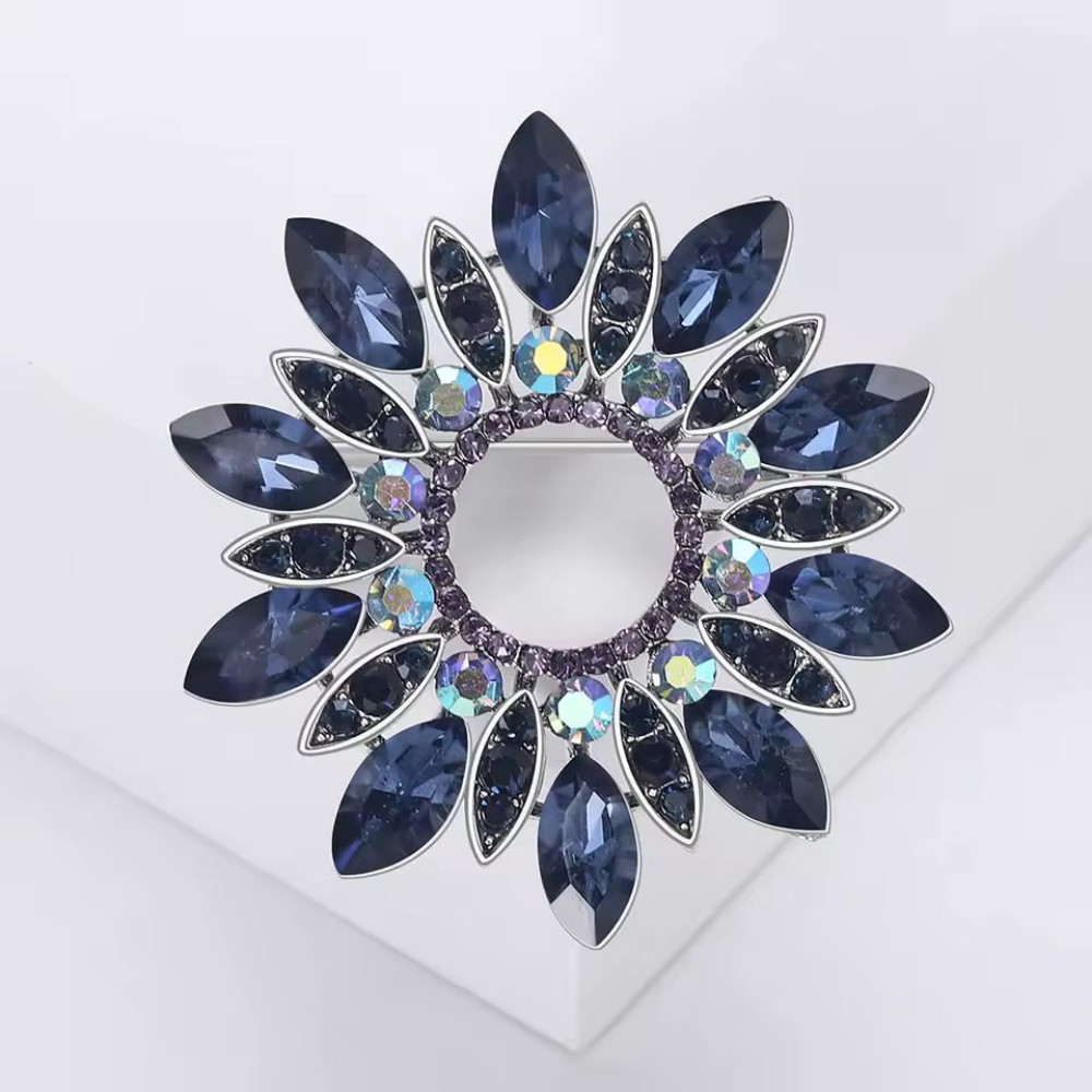 Luxury Rhinestone Flower Wreath Brooch Silver Blue Crystal Floral Pin Jewelry Gi