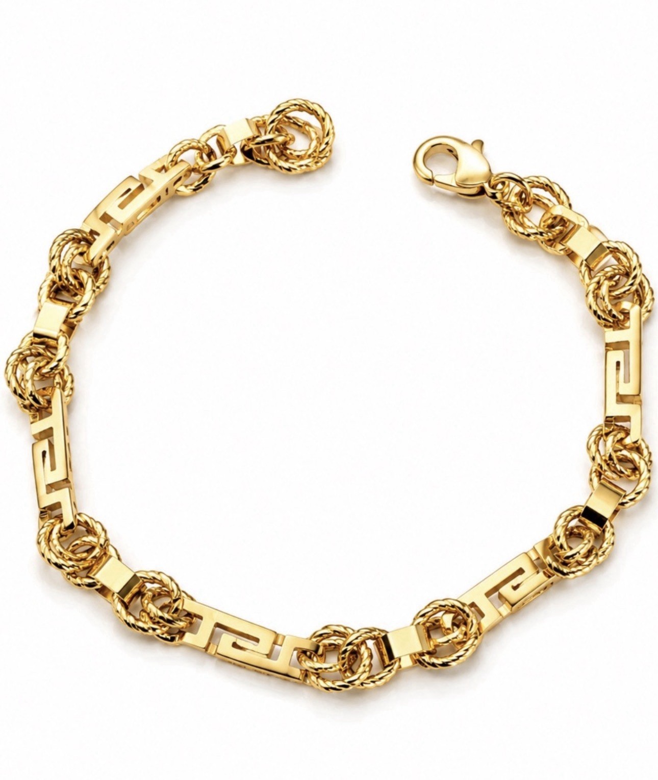 14K Gold Plated Greek Key & Interlocking Link Chain Bracelet Water Resistant
