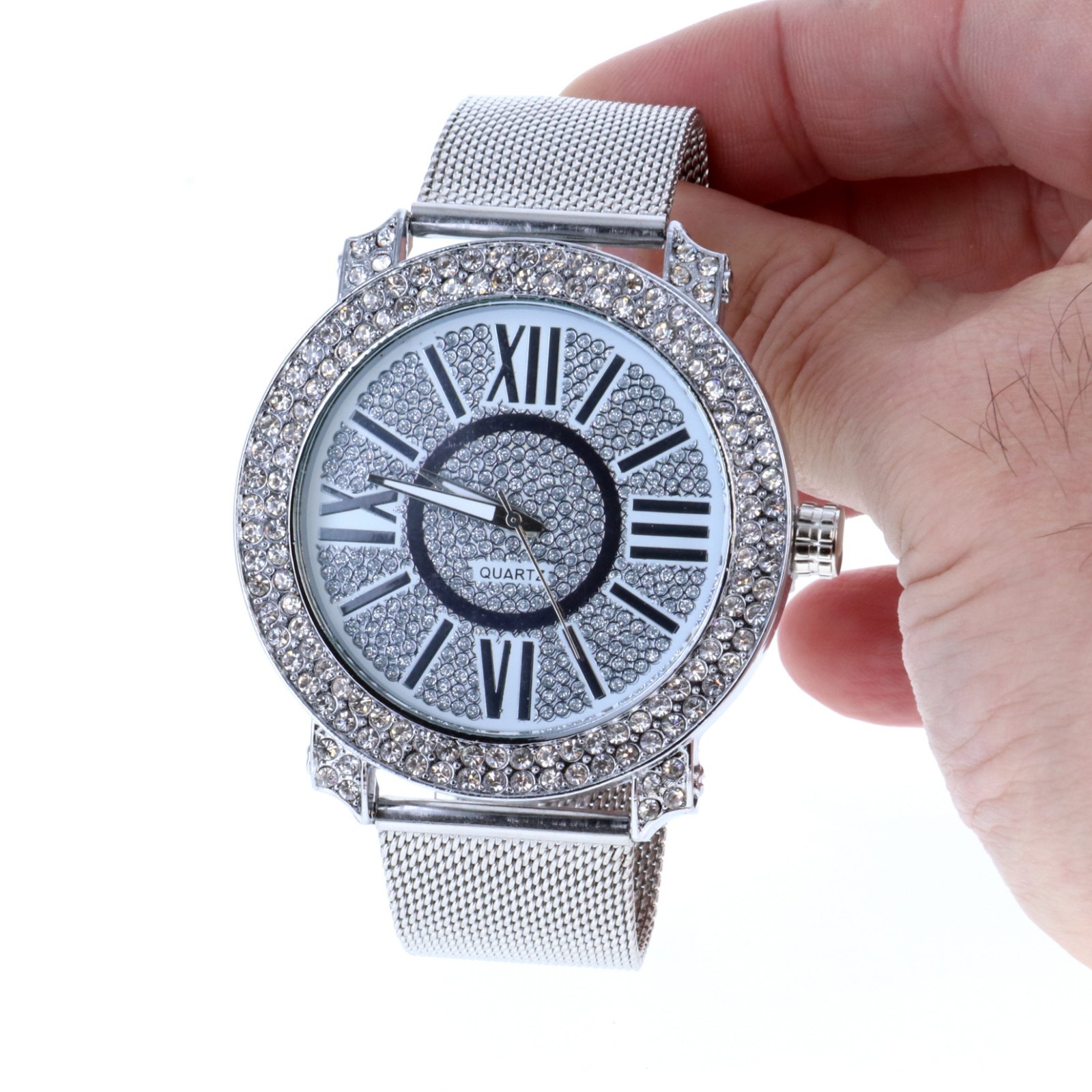 Hip Hop Iced Silver Finish Fashion Metal Mesh Band Bling Watch