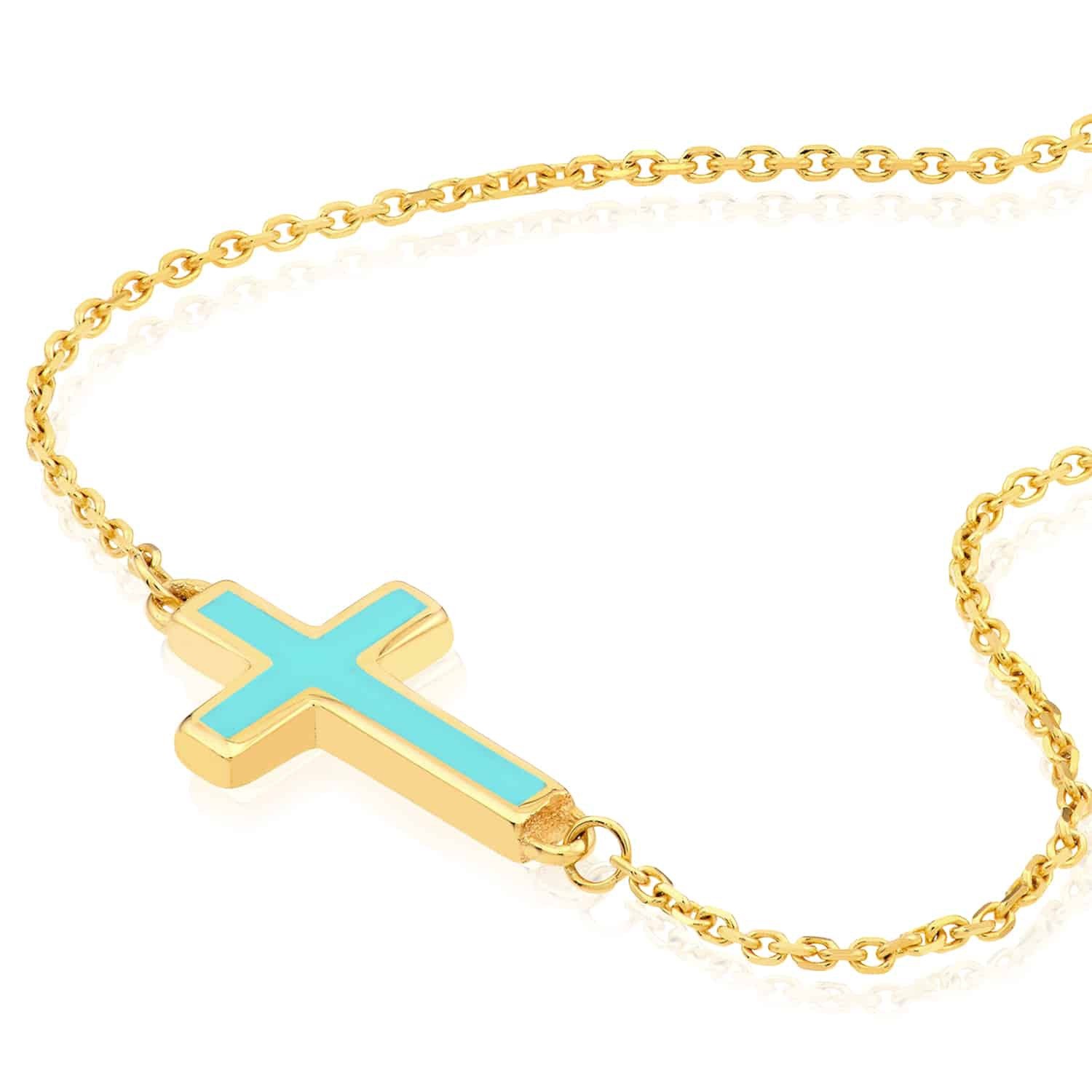 14K Real Gold White Black Turquoise Sideways Cross Pendant Necklace 16-18″ Adj