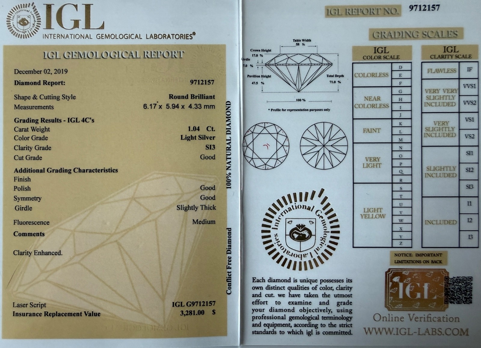 1.04 Carats Round Diamond Light Silver/SI3/Good