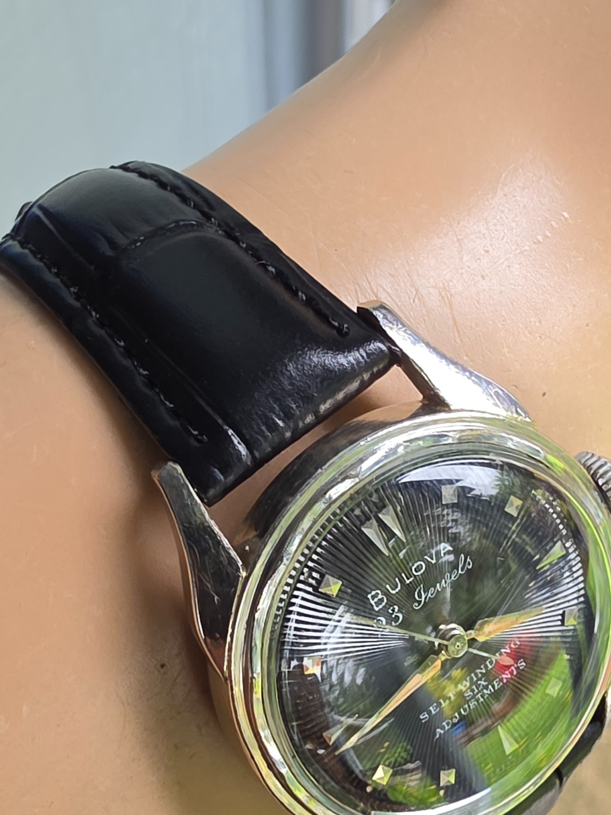 Vintage Bulova 23 “A” Men’s automatic watch 10K RGP Black Sunburst dial 1955