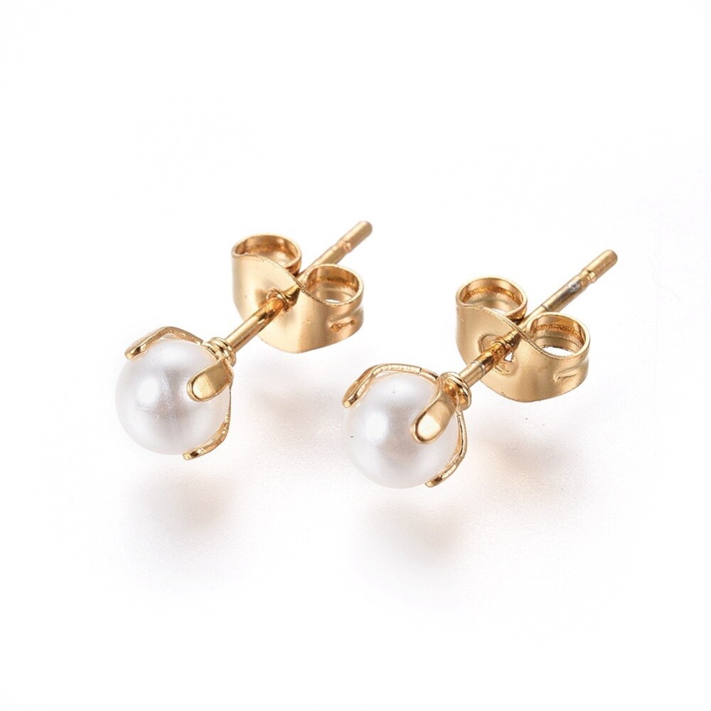 304 Stainless Steel Stud Earrings Pearl Beads Back White Gold 16.5×4.5mm P597