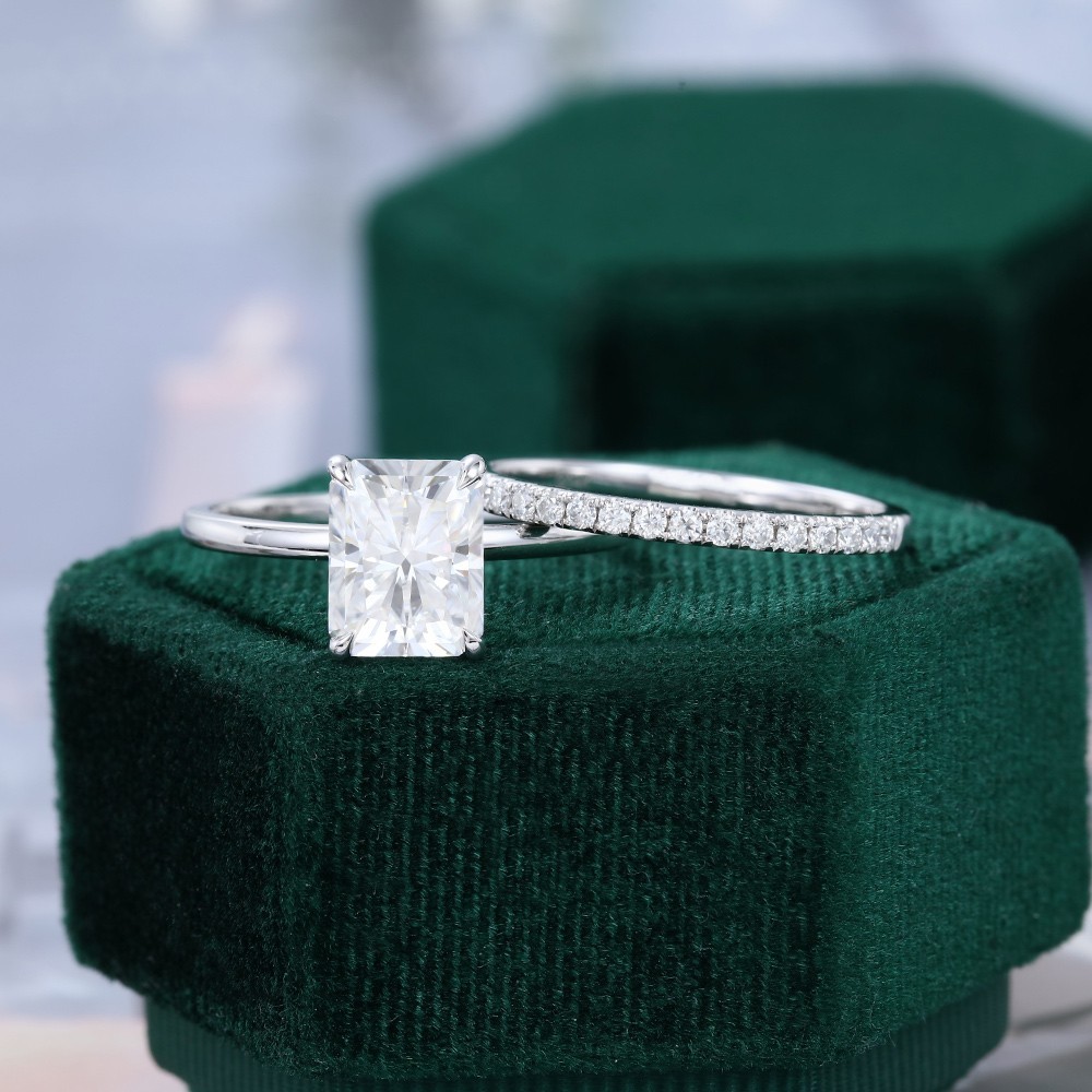 2.90 Ct Emerald Cut EF/VS1 Lab Grown Diamond Engagement Ring Set 14K White Gold