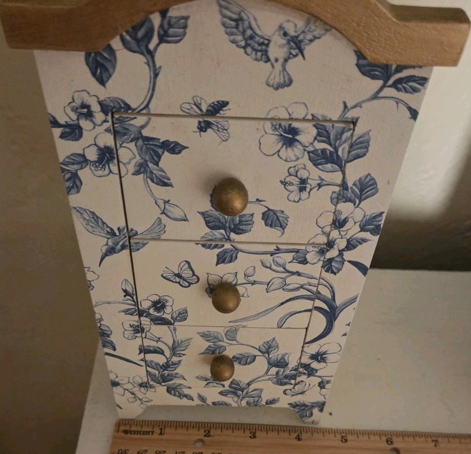 Table Top Mini Dresser Jewelry/ Trinket Box Storage Blue White Floral Pattern