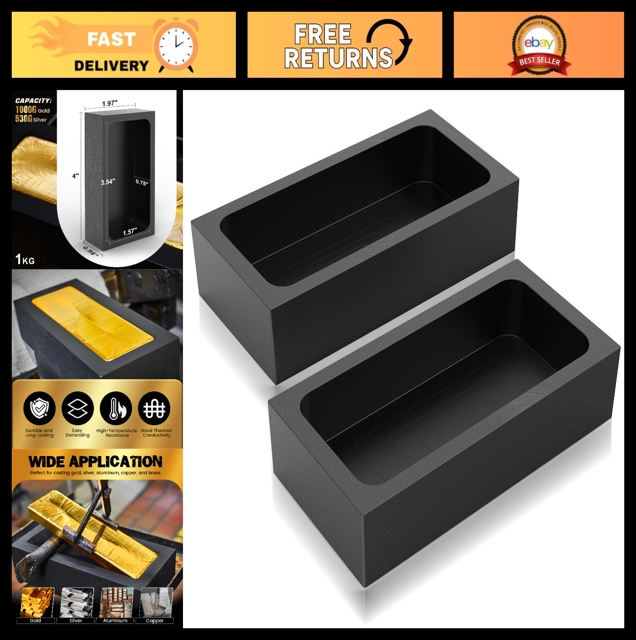 Premium Graphite Ingot Mold 1kg – 2 Pieces for Metal Casting – High-Purity, Heat