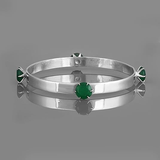 Handmade 925 Sterling Silver Bangle with Green Onyx – 8.7 mm Round Gemstones
