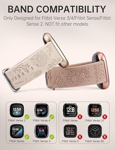 2 Packs Floral Engraved Band Compatible with Fitbit Versa 4/Versa 3/Se