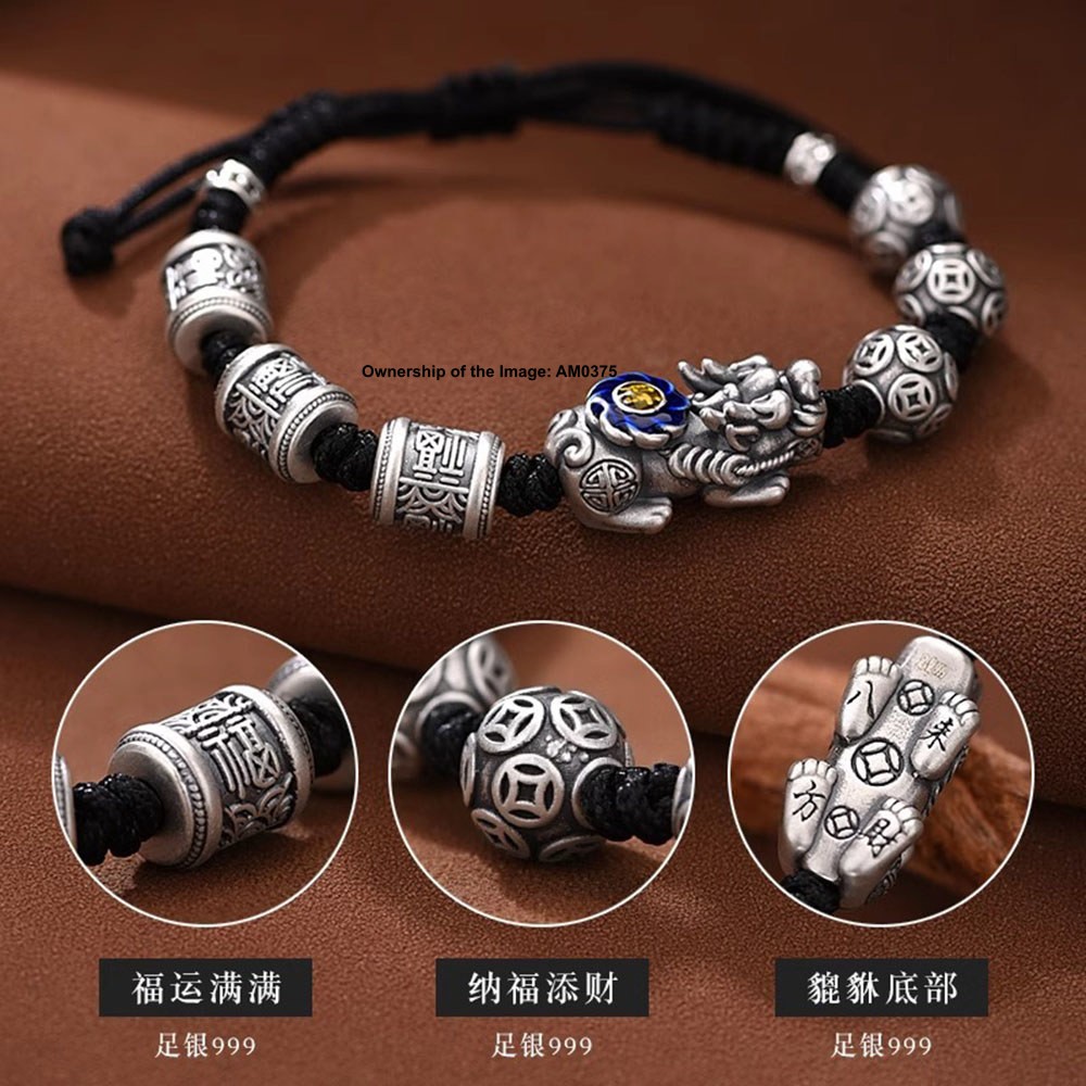 Pure S999 Fine Silver Women Men Bracelet Rich Pixiu Bracelet Adjustable 16-17cm