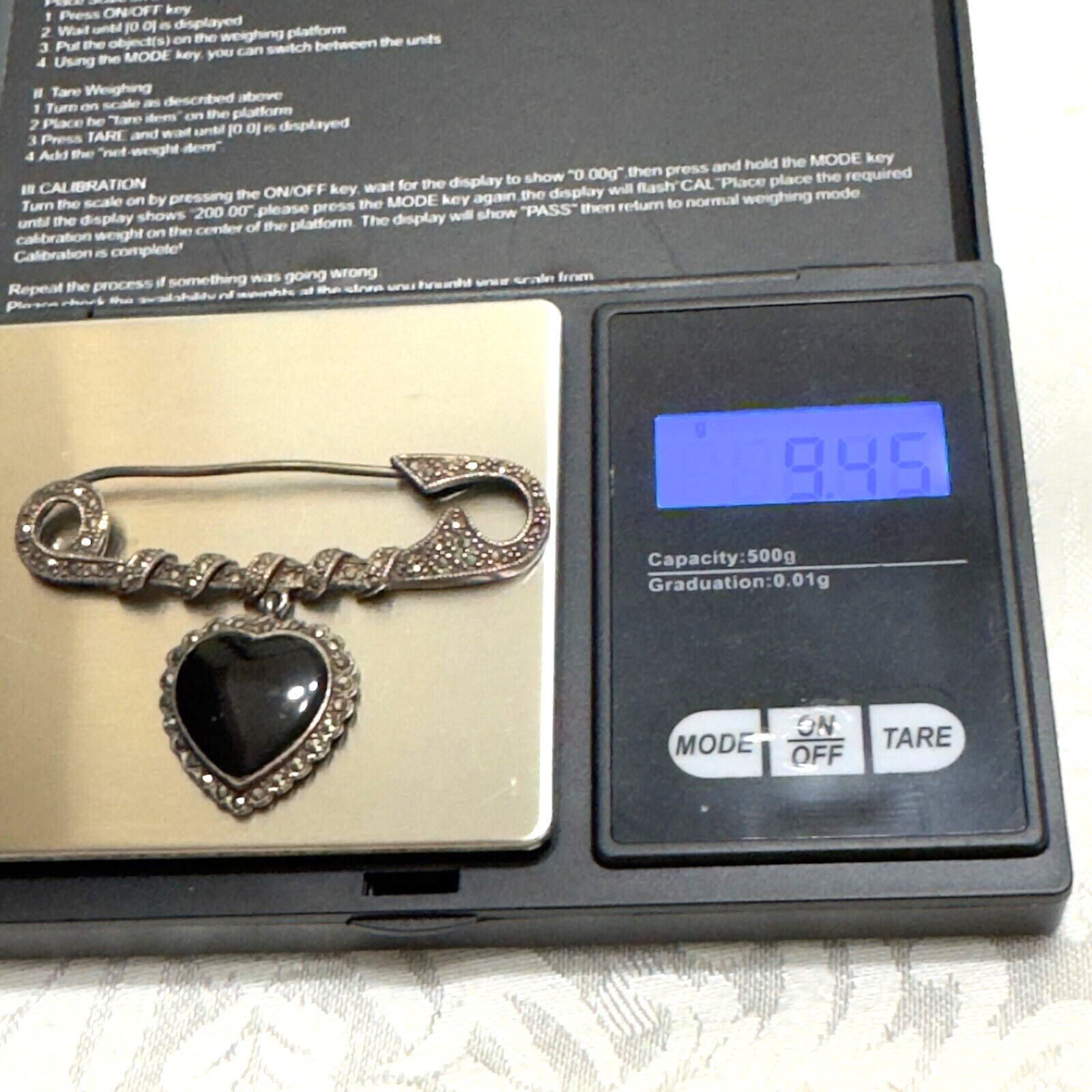 925 Sterling Silver Vintage Black Onyx Marcasite Brooch Safety Pin Heart 9.45g
