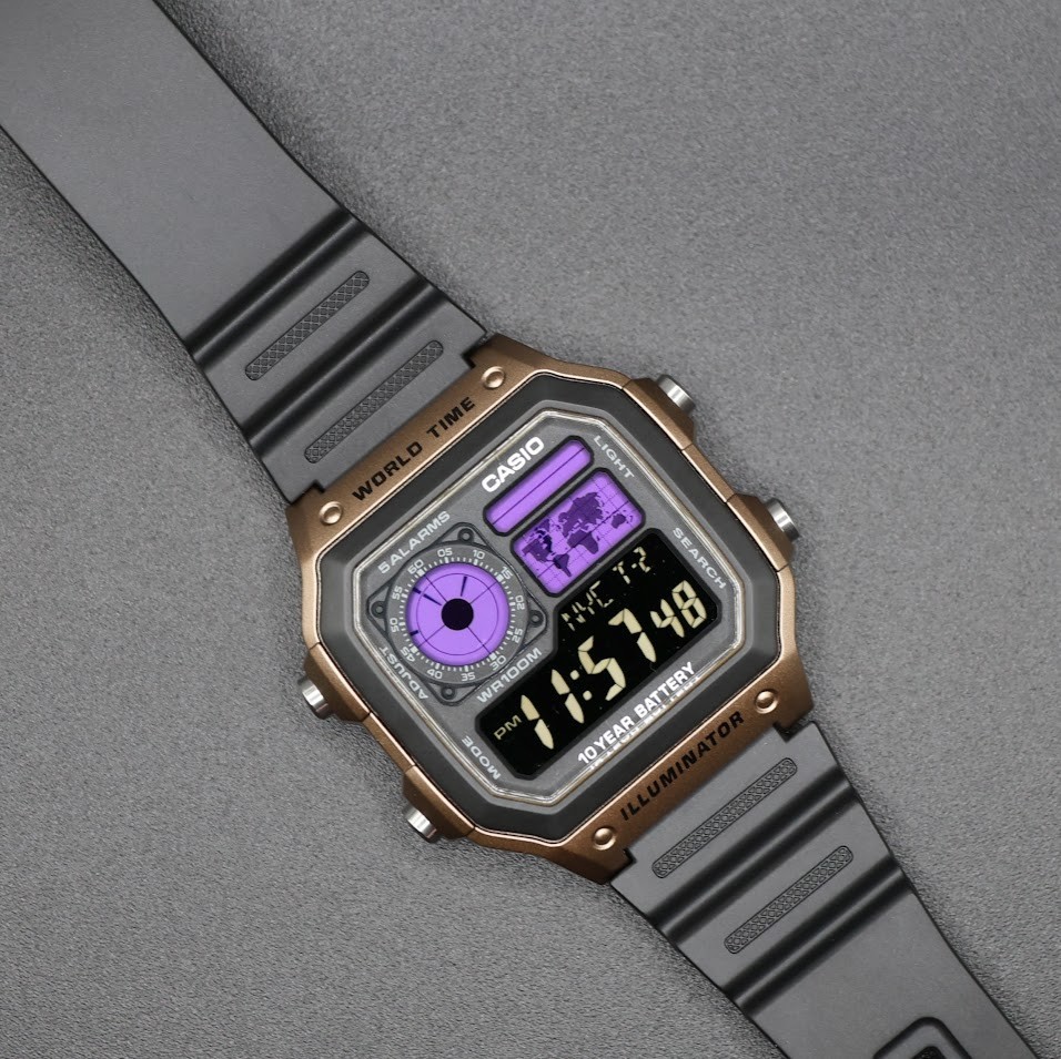CASIO AE-1200WHD. Royale World Time Watch Mod. Purple Filter. Negative Display