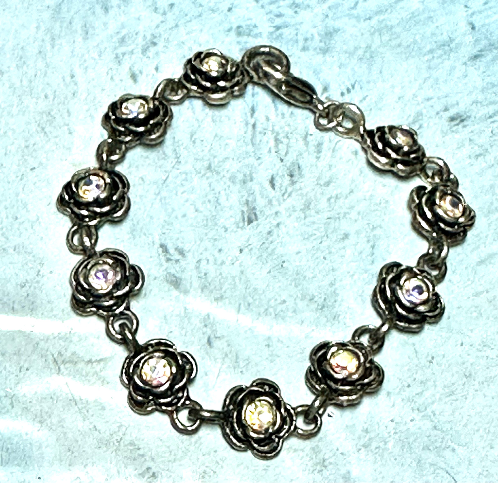 Vintage Premier Design AB Rhinestone Flower Silver Tone Bracelet 7.5″