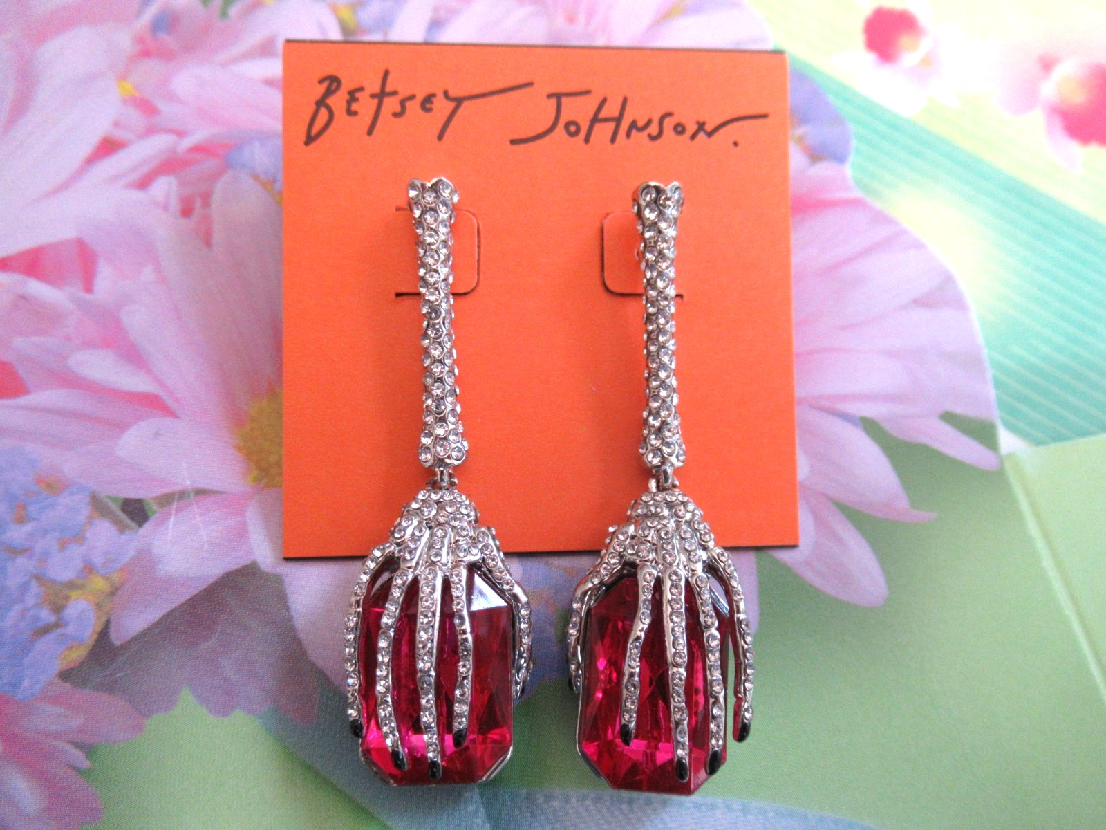 Betsey Johnson Rich Witch Hanging Skeleton Hands Crystals Pink Gem Drop Earrings