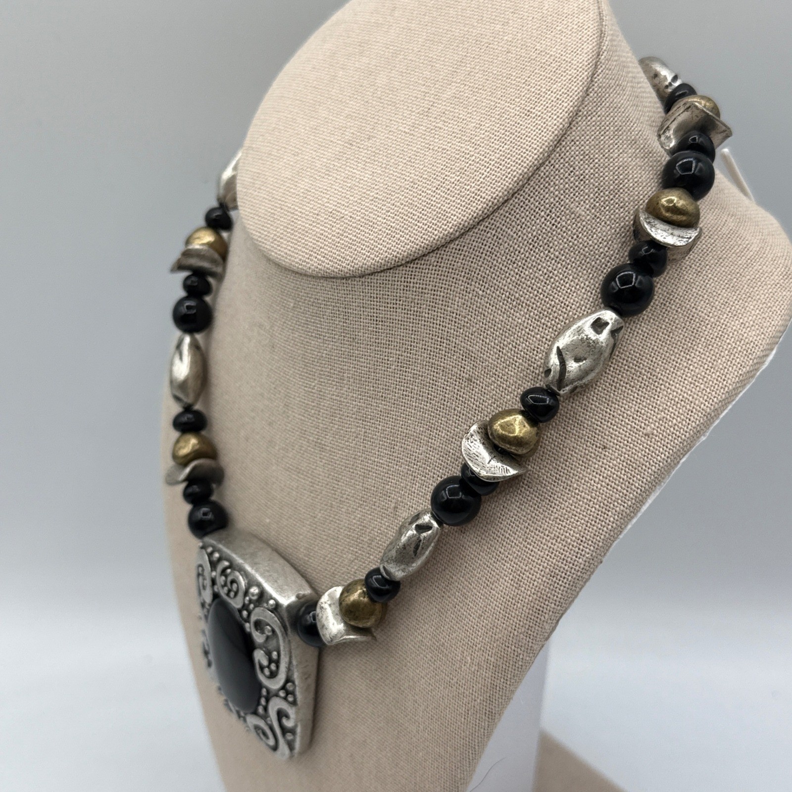 Chico’s Statement Necklace Black Silver Gold Scroll Pendant Boho Tribal Artisan