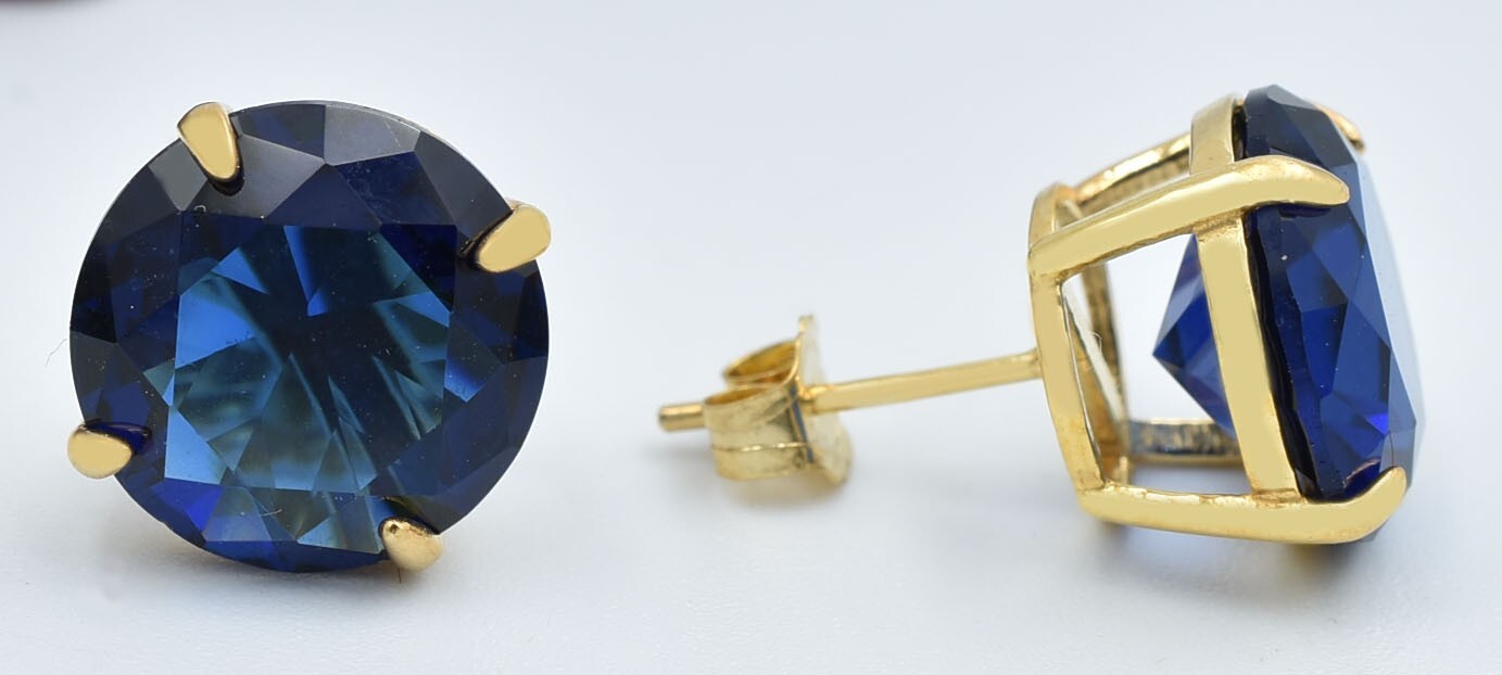 LAB CREATED 14.60 Cts BLUE SAPPHIRE STUD EARRINGS .925 Silver- MADE IN USA