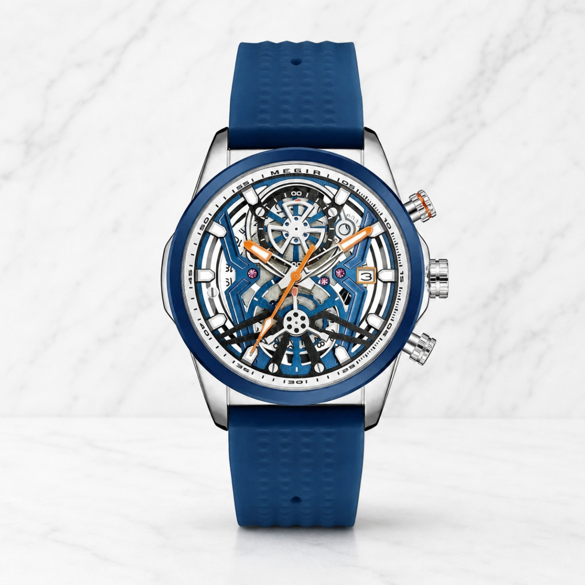 Mens 44mm Skeleton Silicone Band Quartz Blue Dial Strap Orange Hands Watch Megir