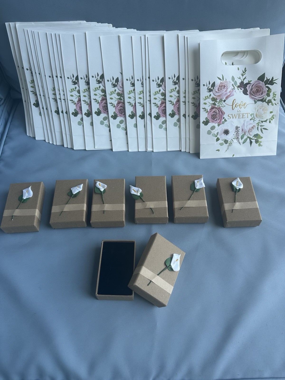 Bridal Wedding Favor Bundle – 7 Jewelry Gift Boxes + 30 “Love Is Sweet” bags