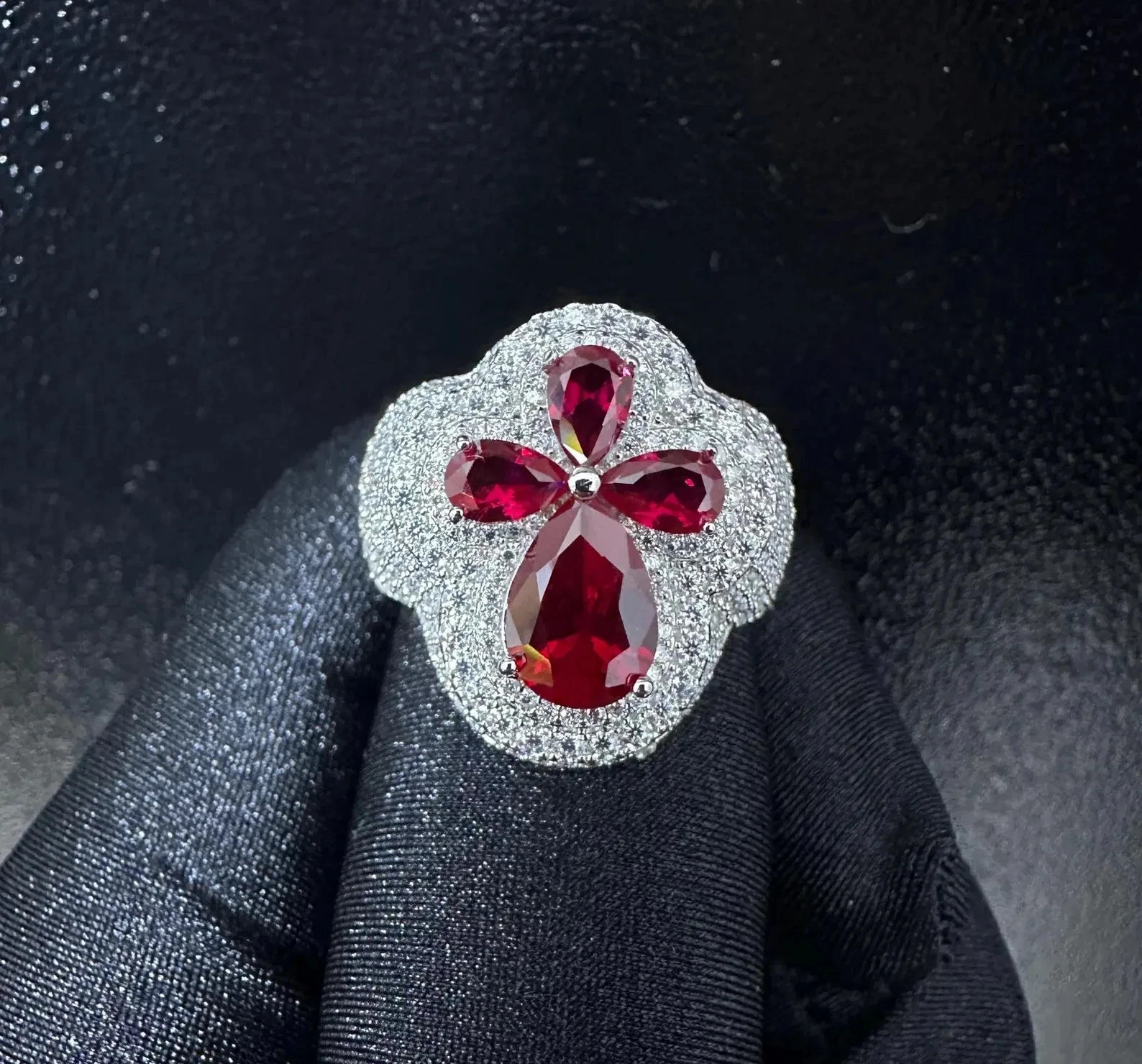 7TCW Lab Created Ruby & Diamond 925 Sterling Silver Men’s Custom Cross Ring