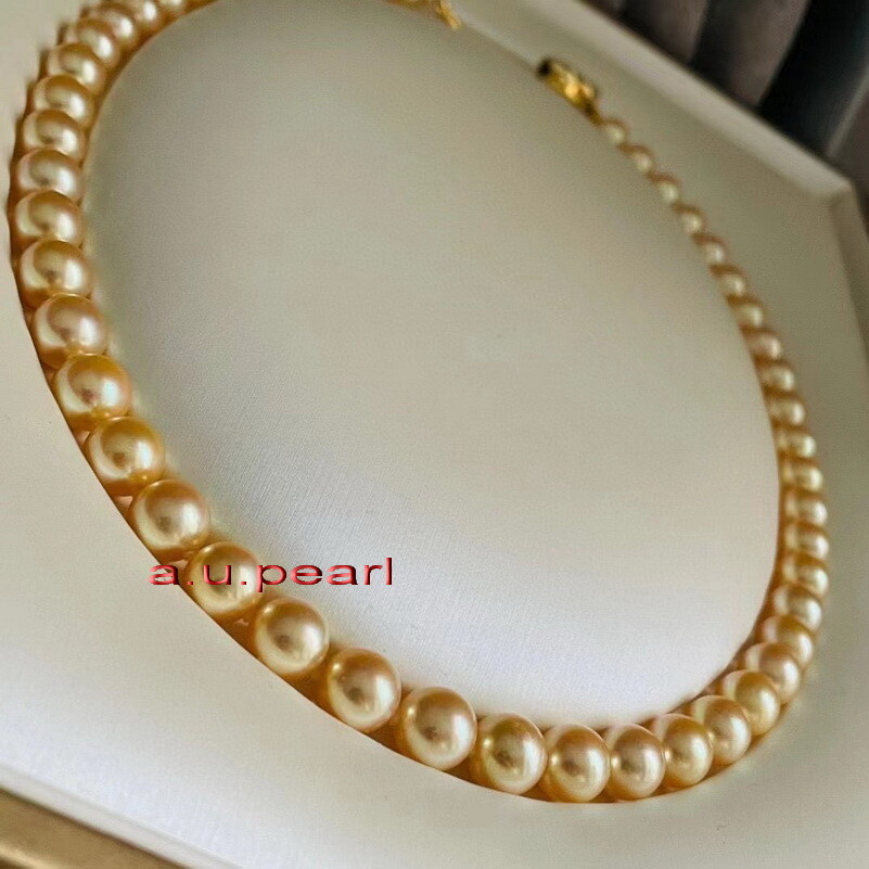 AAAAA 19″11-12MM NATURAL real round south sea golden pearl necklace 14K gold