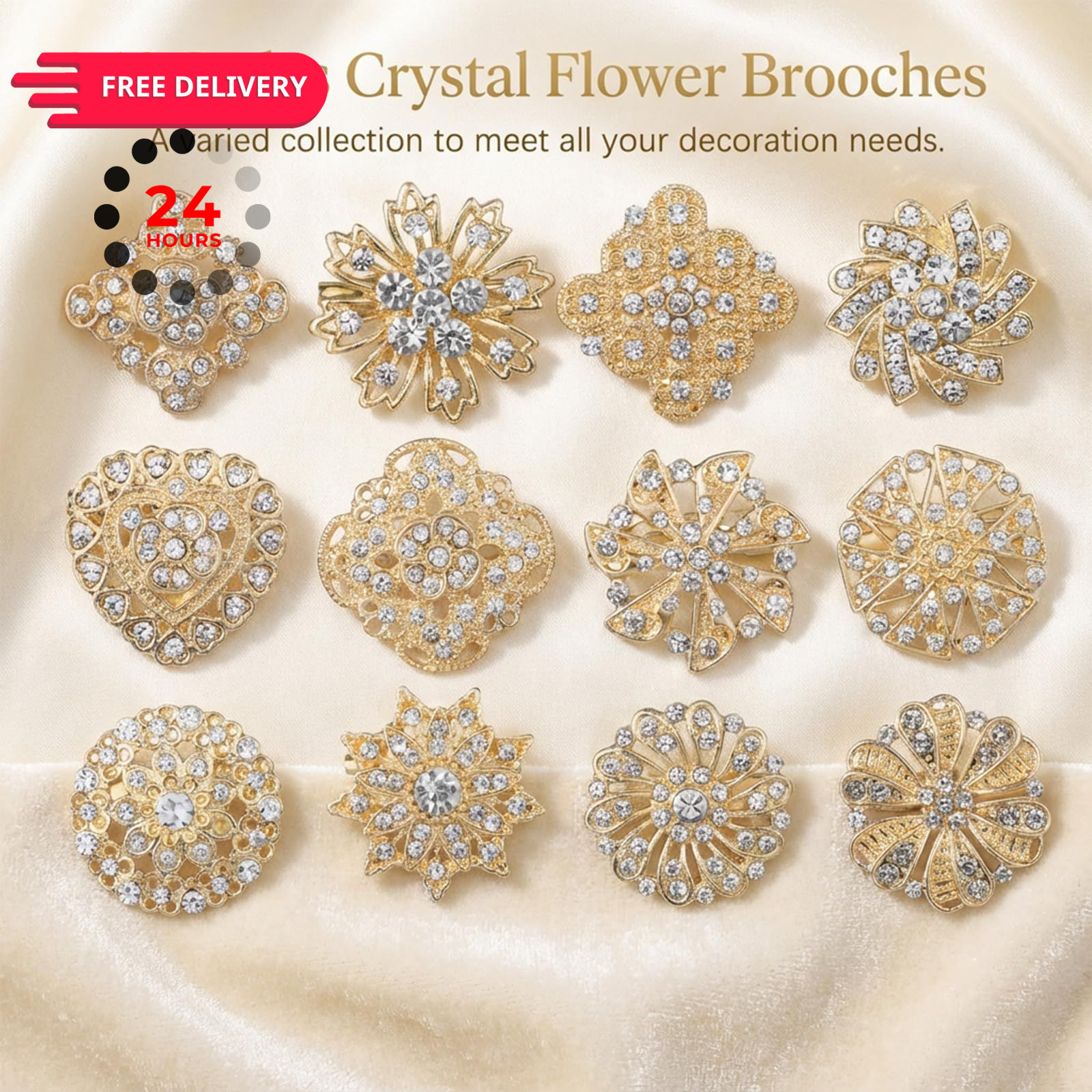12 Pieces Gold Crystal Wedding Bouquet Brooches for 2.4cm / 0.9inch, Sliver