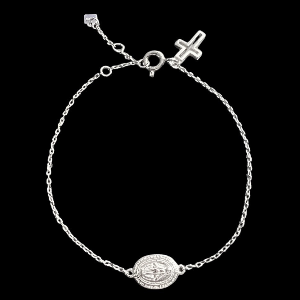 Miraculous Medal Bracelet Sterling 925 Silver + Cross Charm Adjusts 13 – 16cm