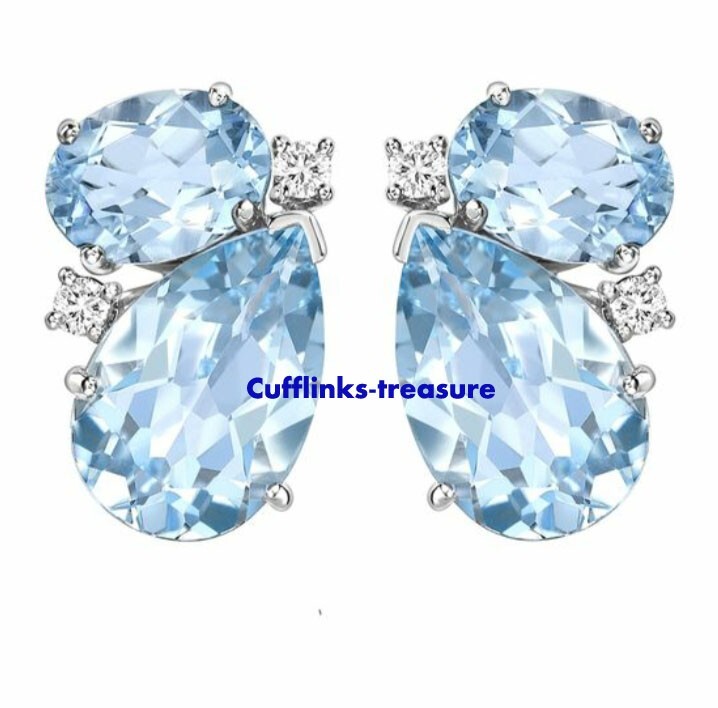 Natural Blue topaz & CZ Gemstones with 925 sterling silver Cufflinks #A330