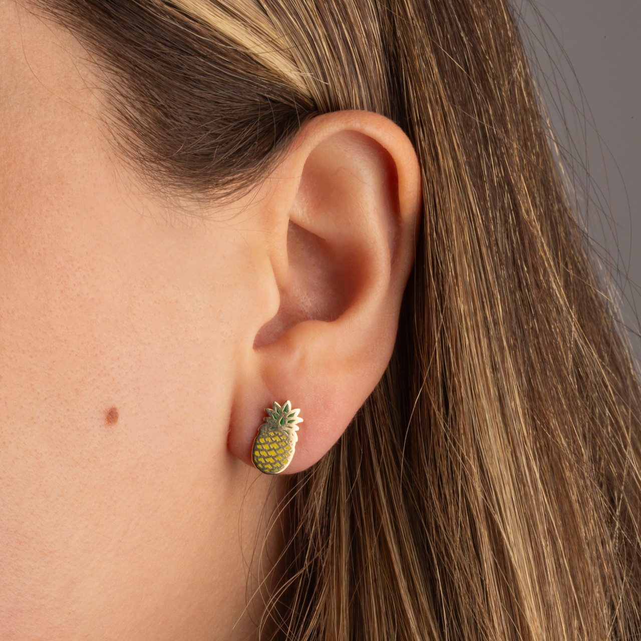 Gold Enamel Pineapple Fruit Stud Earrings (Available in Yellow/Rose/White Gold)