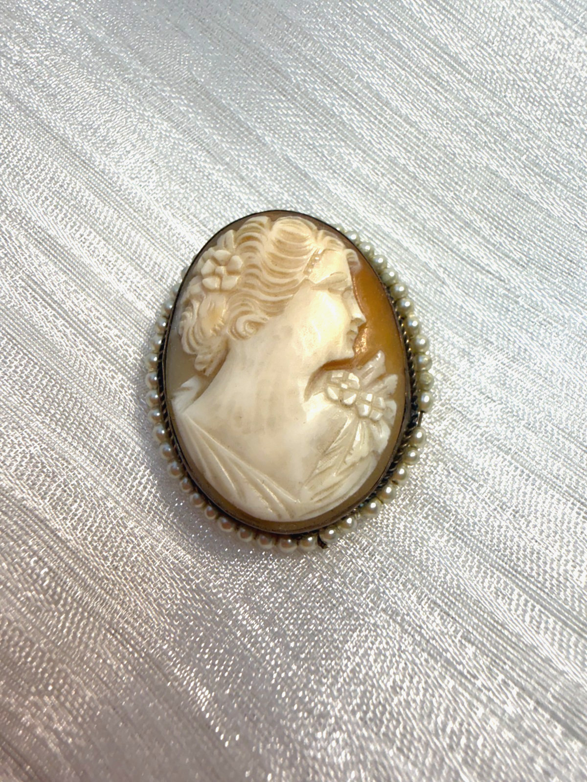 Vintage Hand-Carved Shell Cameo Brooch Seed Pearl Border Victorian Lady
