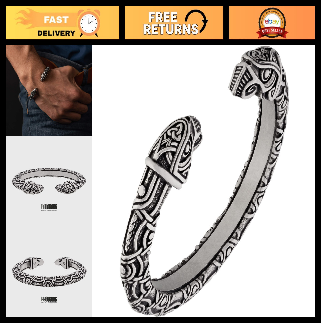 Norse Viking Bracelet – Odin’s Ravens Arm Ring – Scandinavian Jewelry for Men &