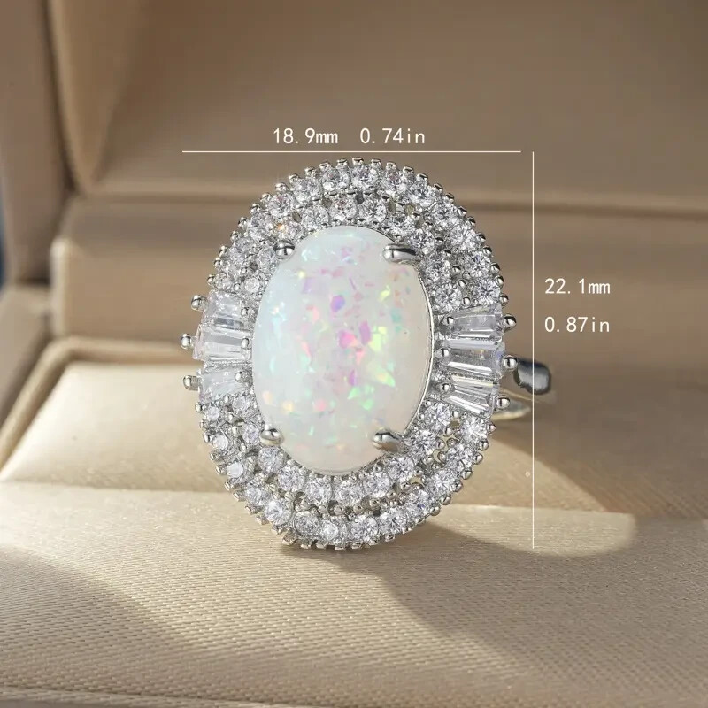 Elegant 925 Sterling Silver Rainbow Opal Charms Engagement Wedding Ring Size 8