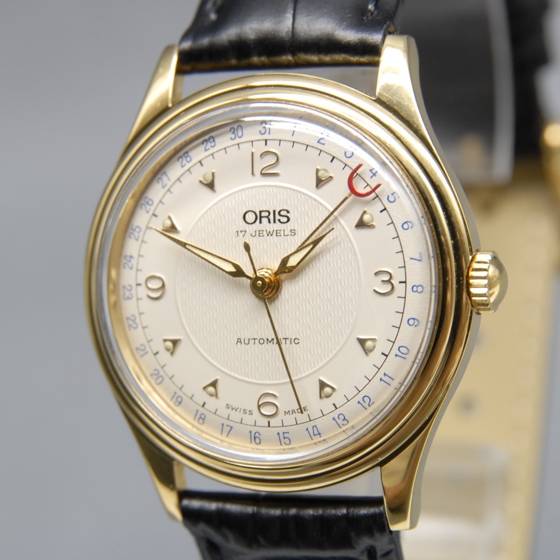 [Near MINT] Vintage ORIS Pointer Date 7403 34mm Gold Dial 17 Jewels AT Men Watch