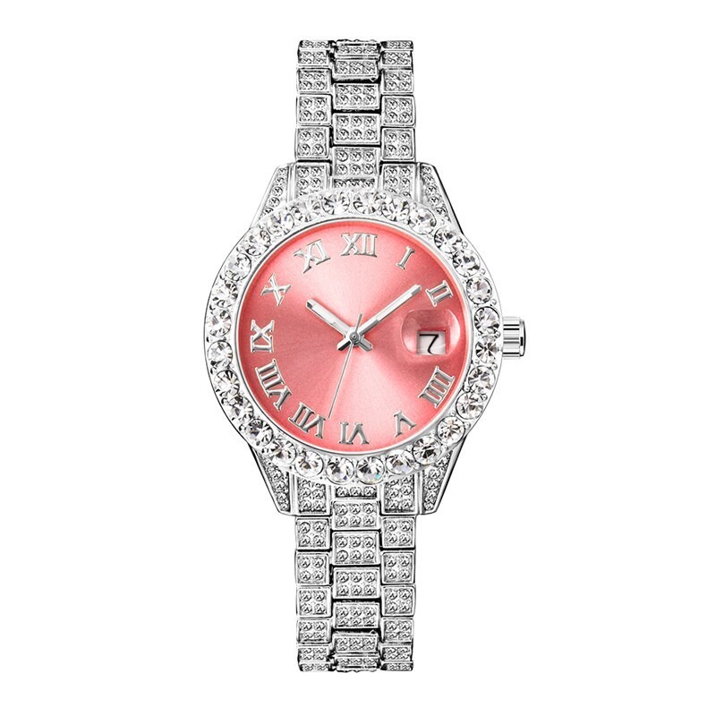 Hip Hop Luxury Ice out Women’s Watch Lady Iced Bling Silver Pink Diamond Jewelry