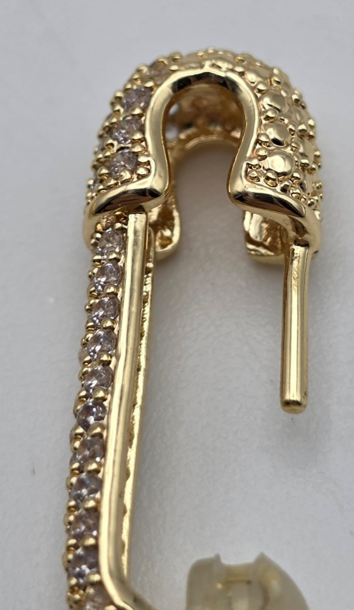 Gold Tone Clear CZ Pavé Safety Pin Stud Earrings 1 Inch Edgy Punk